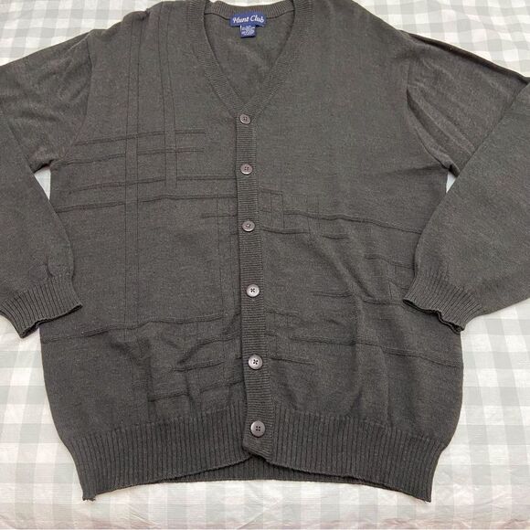 HUNT Club Grandpa 50% wool blend button up cardigan in large grey charcoal - Picture 4 of 15
